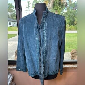 Stylish Teal Leather Jacket with Fringe
